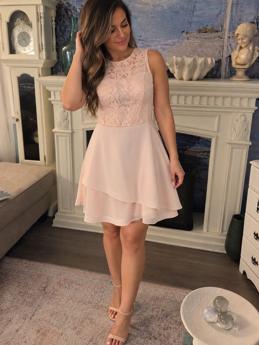 Sleeveless Lace Bodice Blush Layered Mini Dress